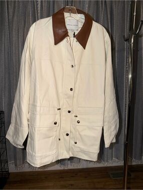 English Factory Ivory Jacket with Brown Leather Collar